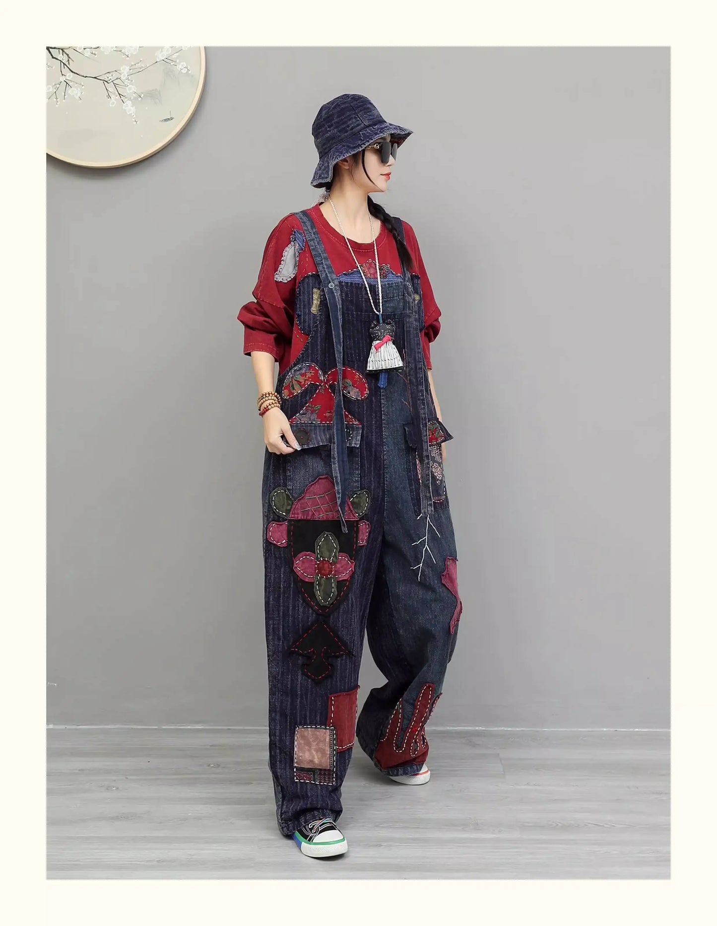 Hand Embroidery Old Cloth Patchwork Wide Leg Strap Long Pants Women Autumn Loose High Waist Jumpsuit LX4343 Badiee Stylez
