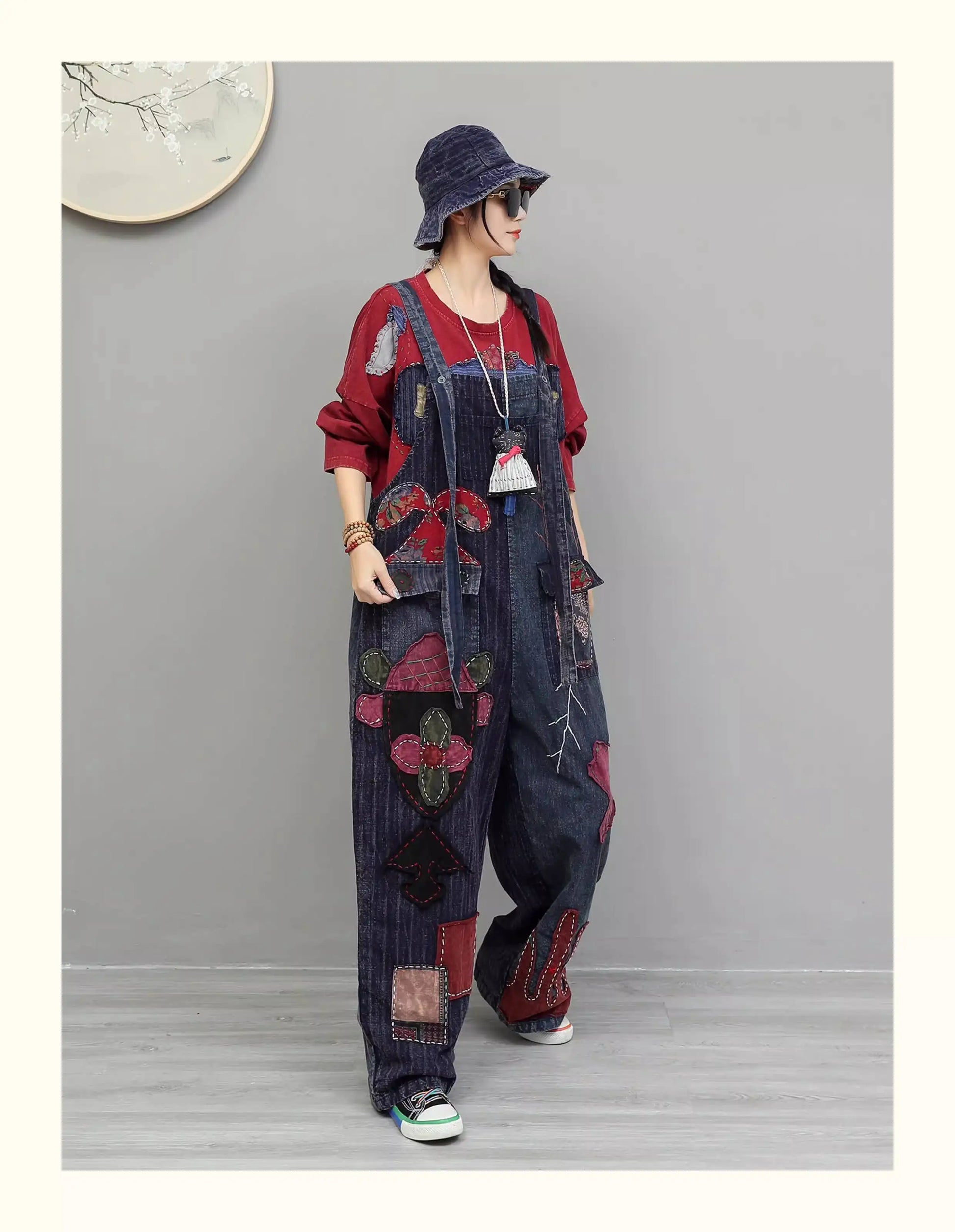 Hand Embroidery Old Cloth Patchwork Wide Leg Strap Long Pants Women Autumn Loose High Waist Jumpsuit LX4343 Badiee Stylez