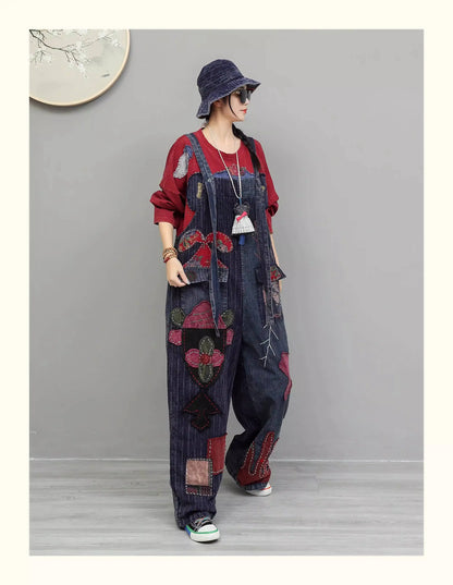 Hand Embroidery Old Cloth Patchwork Wide Leg Strap Long Pants Women Autumn Loose High Waist Jumpsuit LX4343 Badiee Stylez