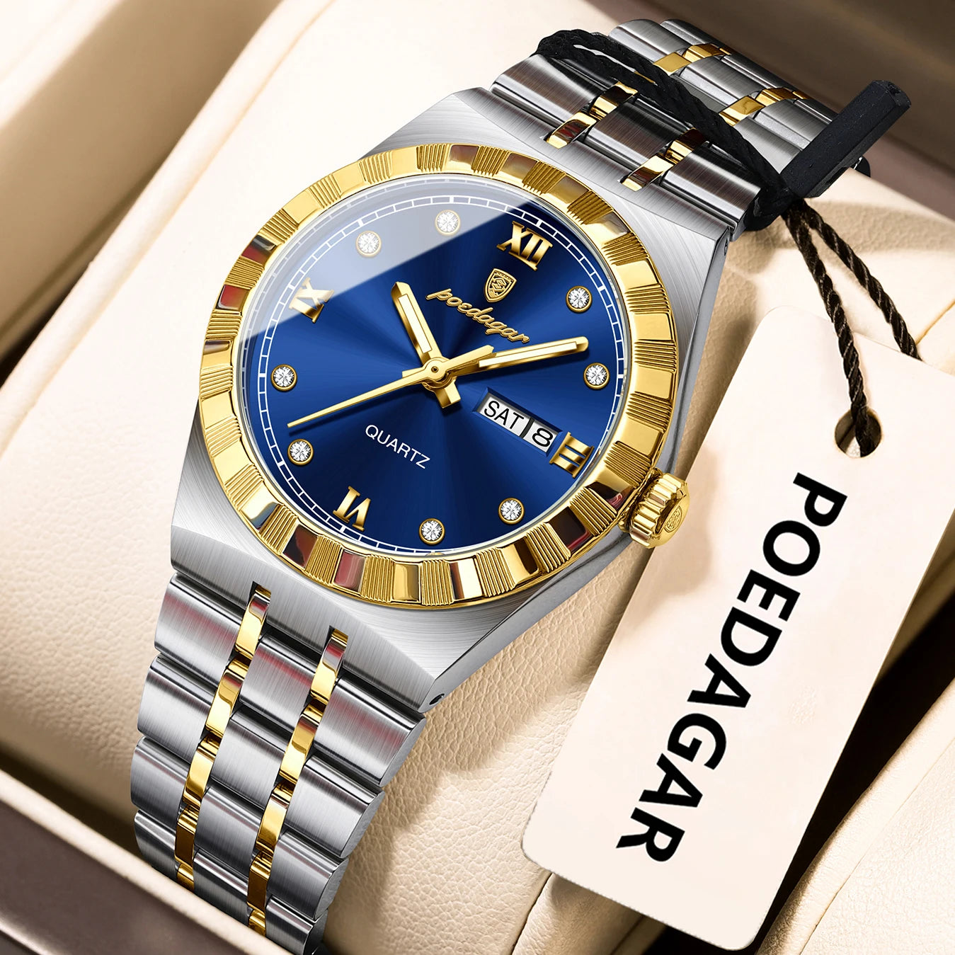 POEDAGAR Luxury Original Ladies Watch Luminous Waterproof Week Date Woman Wristwatch Stainless Steel Women Quartz Watches Female 794 Gold Blue