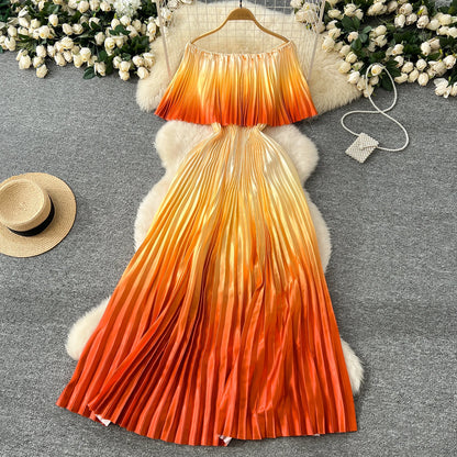 SINGREINY 2025 Gradient Party Long Dress Female Off Shoulder Elastic Waist A Line Sundress Vacation Luxury Pleated Maxi Dresses