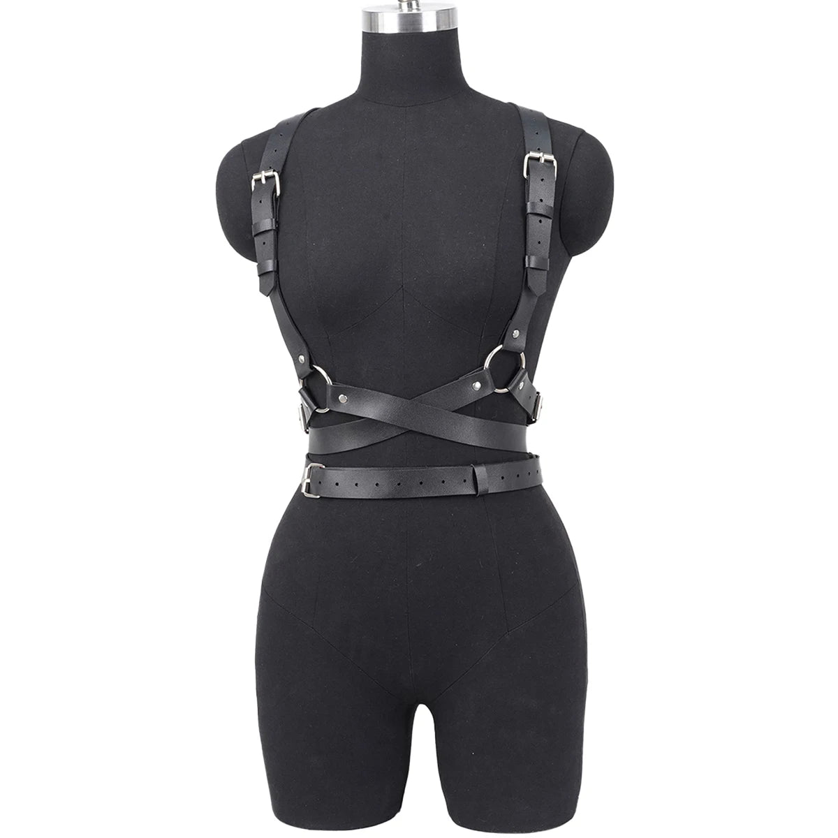 Adjustable Women's Gothic Punk Faux Leather Belt Perfect Waist and Chest Charms for Holiday and Casual Wear black