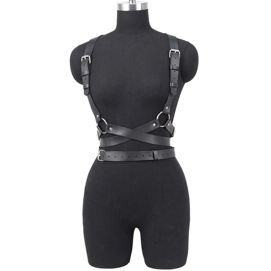 Adjustable Women's Gothic Punk Faux Leather Belt Perfect Waist and Chest Charms for Holiday and Casual Wear black