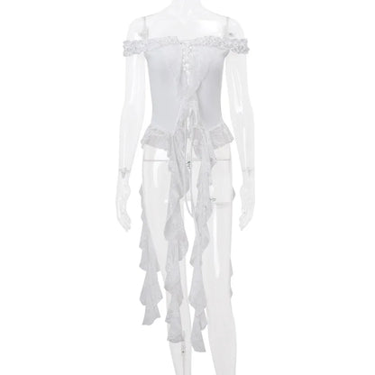 Hollow Out Lace Crop Top Women Sexy Off Shoulder Bodycon Bandage Slim Tank Tops Ladies 2024 Folds Lace-up T-shirts Femme WHITE