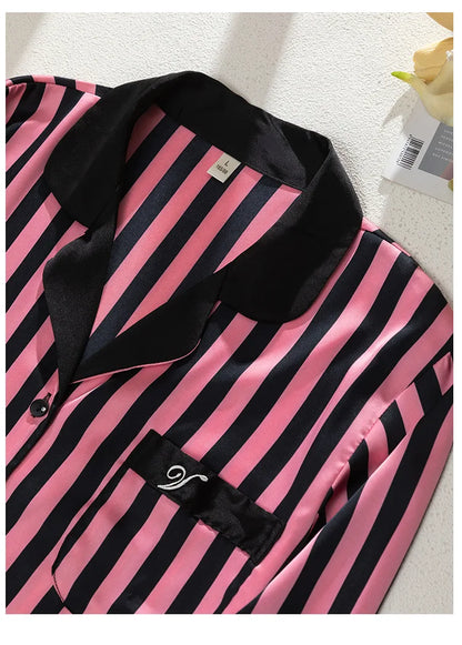 Women Long Sleeve Pajamas 2PCS Set Spring Summer New Sleepwear Loungewear Fashion Stripes Pyjama Pour Femme Loose Satin Homewear
