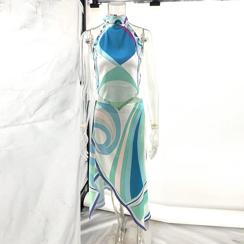 Summer Sexy Print Sleeveless Halter Shirt Skirt Two Piece Set Women Retro Pattern Print Satin Outfit Women Beach Holiday Clothes