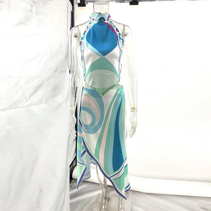 Summer Sexy Print Sleeveless Halter Shirt Skirt Two Piece Set Women Retro Pattern Print Satin Outfit Women Beach Holiday Clothes