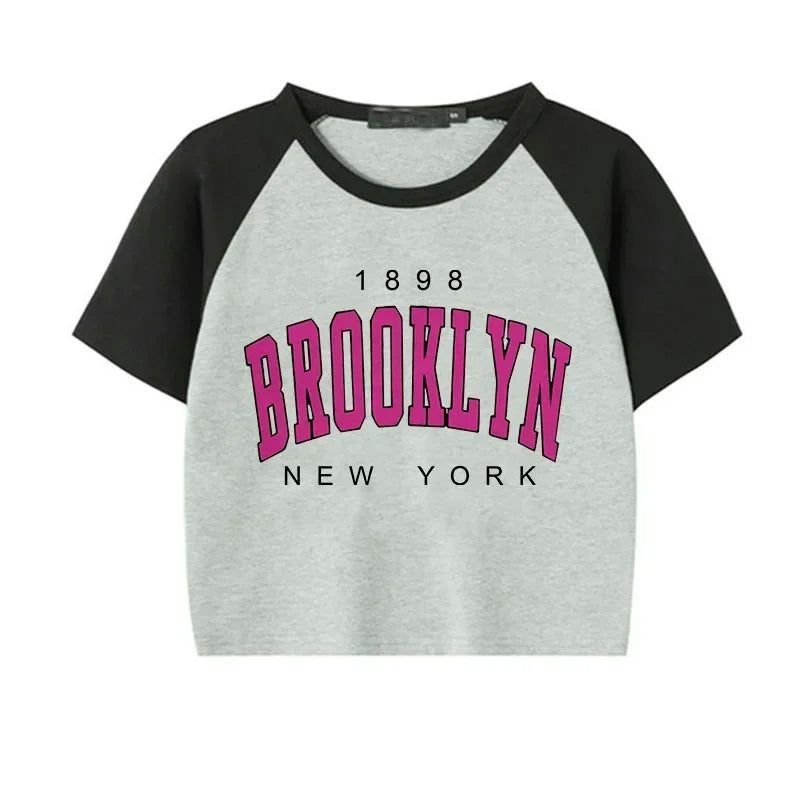 Women Brooklyn 1898 Letter Print Crop Tops Y2k T Shirt Harajuku Cropped Tshirt Funny Graphic T-shirt Korean Style Clothes Female 403