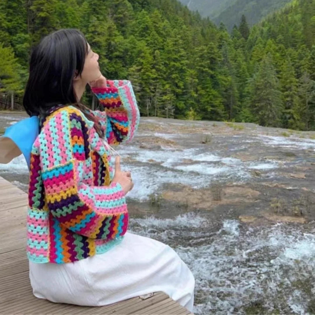Colorful Crochet Knitted Hollow Cardigan Sweater Jacket New Top Loose Women's Clothing