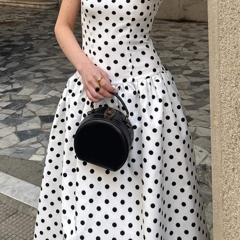 Fashion Polka Solid Slim Vestido Lady Elegant Chic Sleeveless Off Shoulder Pleat Square Neck Maxi Dress Summer Dinner Party Wear
