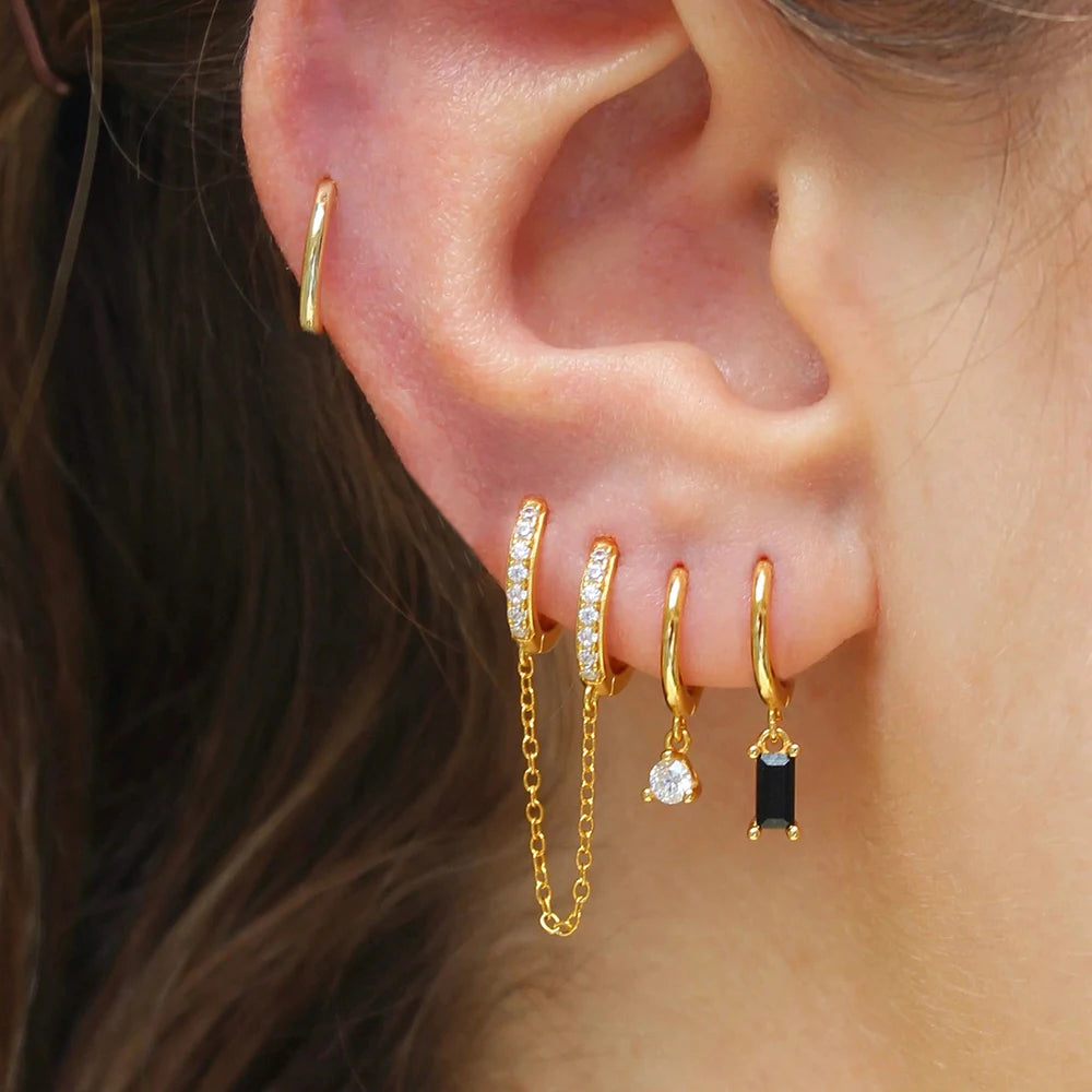 4PCS Exquisite Stainless Steel Long Chain Pendant Earrings Set for Woman Little Huggies Hoop Earrings Cartilage Piercing Jewelry