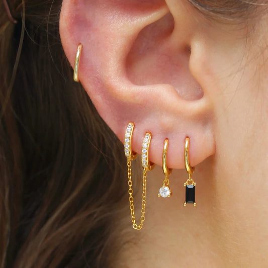 4PCS Exquisite Stainless Steel Long Chain Pendant Earrings Set for Woman Little Huggies Hoop Earrings Cartilage Piercing Jewelry