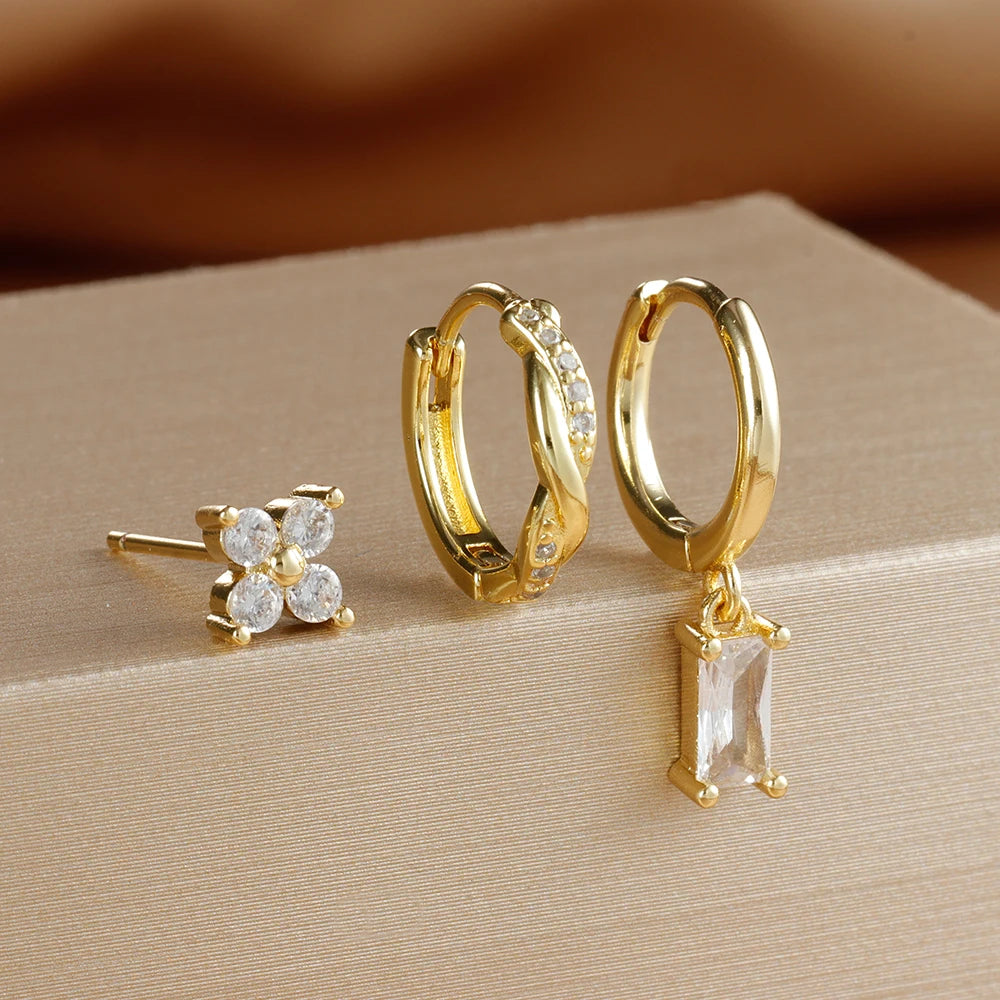 3PCS Fashion Stainless Steel Circle Hoop Earrings Set for Women 18K Gold Plated Zircon Pendant Square Earring Piercing Jewelry