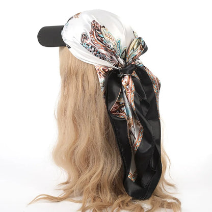 Outdoor Satin Silk Headscarf Hat with Brim 2-in-1 Sun Hat and Headband Elegant Printed Square Scarf Cap White
