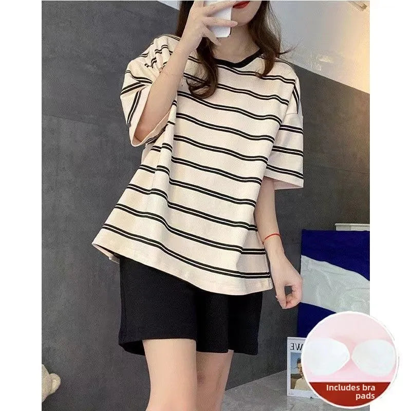 Women's Summer Spwear ort Sve Thin Striped Home Clothes Two-Piece Set with Chest Pad Milk Silk round Ne Pullover