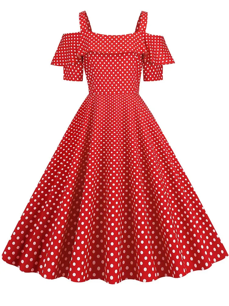 Off the Shoulder Elegant Vintage Party Dress Women Summer Polka Dot Ruffles A Line Midi Dresses Badiee Stylez