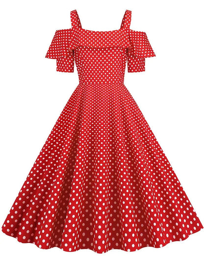 Off the Shoulder Elegant Vintage Party Dress Women Summer Polka Dot Ruffles A Line Midi Dresses Badiee Stylez