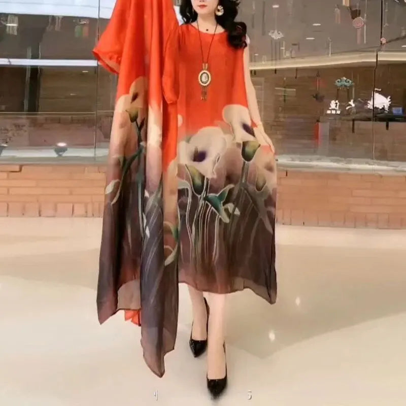 Commute Floral Printed Matching Sets Two Piece Set Casual Round Neck Spring Summer Female Fashion Irregular Hem Long Dress Sets