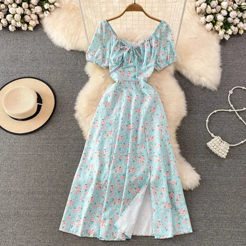 Summer Vintage Dress Blue Floral Summer Bubble Sleeve Tie Up Sexy Dresses Women A-line Print Split Long Dress Elegant Vestidos Light Blue