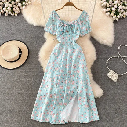 Summer Vintage Dress Blue Floral Summer Bubble Sleeve Tie Up Sexy Dresses Women A-line Print Split Long Dress Elegant Vestidos Light Blue