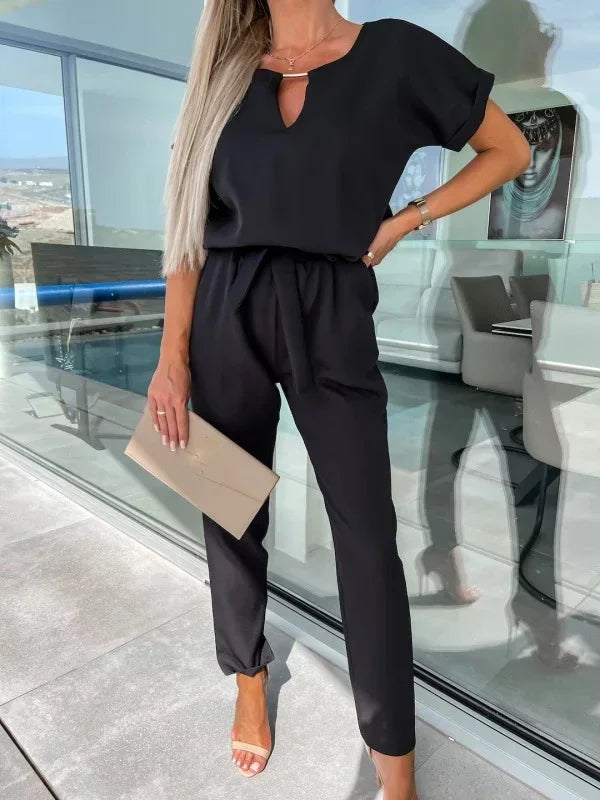 Jumpsuit Women 2023 Solid Color Short Sleeve V-neck Pocket Lace-up Pencil Long Pants Jumpsuits Summer Outfits Bodysuits Badiee Stylez