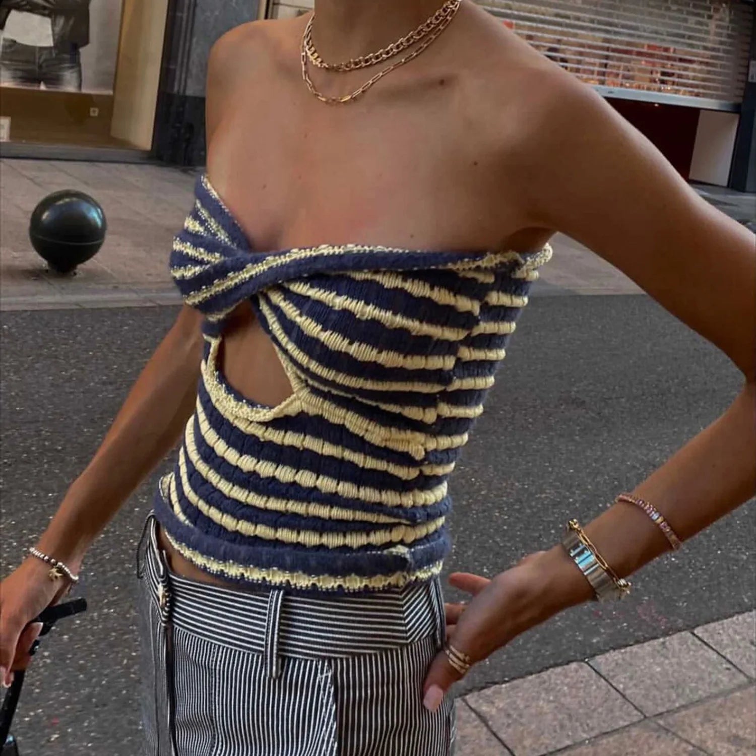 Striped Knitted Tube Top Women Off Shoulder Summer Sexy Strapless Bodycon Tank Crop Top Party Club Wear Camisole Yuqung blue yellow