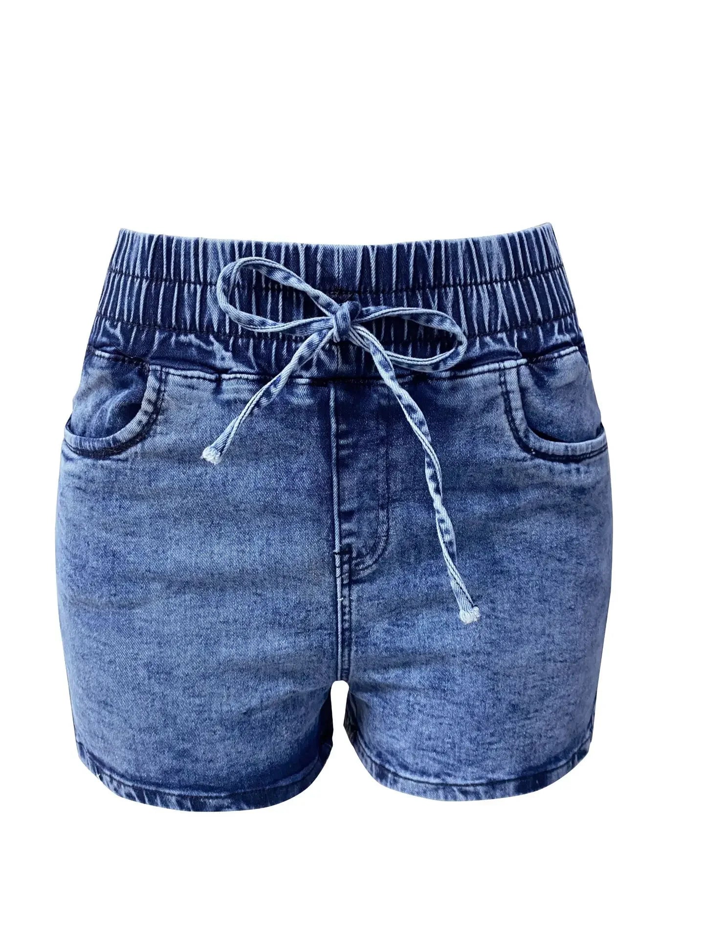 Women Jeans Denim Shorts Mid Waist Sexy Slim Fit Drawstring Pleated Summer 2024 Washing Pockets Slight Strech Solid Regular