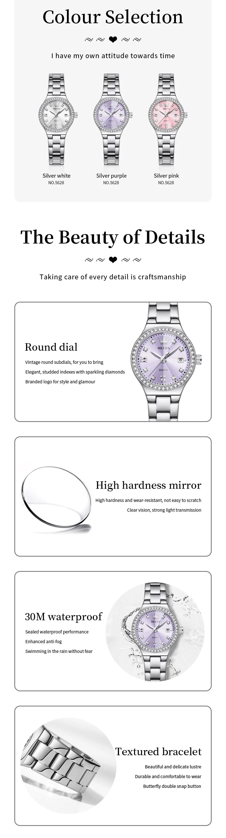 OLEVS 5628 Women Watch Luxury Elegant Quartz Watch Stainless Steel Waterproof Luminous Diamond Bezel Ladies Watch Bracelet Set