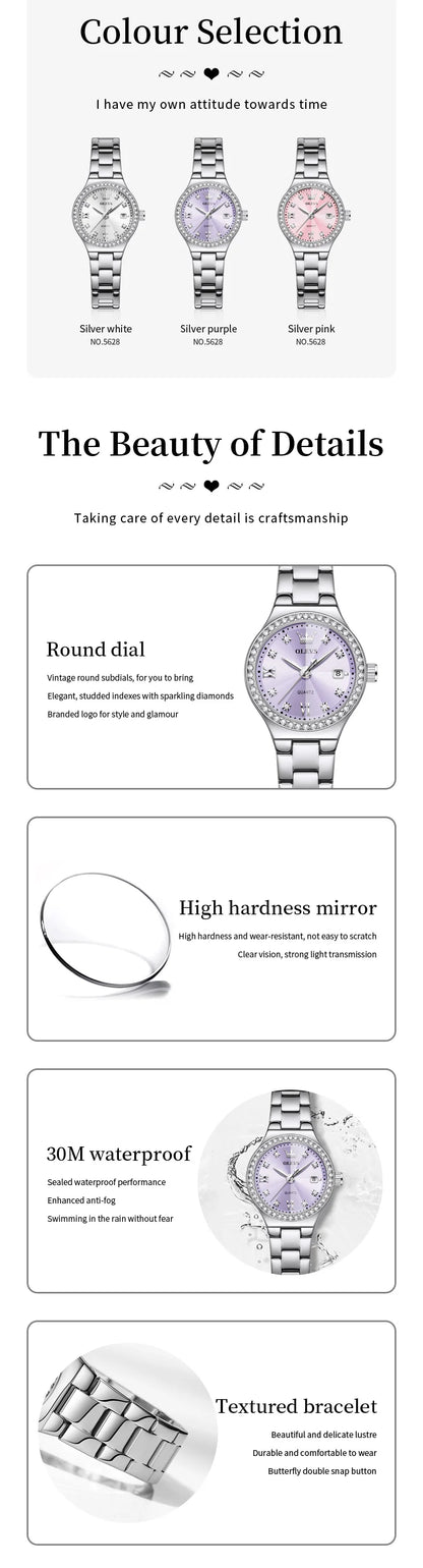 OLEVS 5628 Women Watch Luxury Elegant Quartz Watch Stainless Steel Waterproof Luminous Diamond Bezel Ladies Watch Bracelet Set