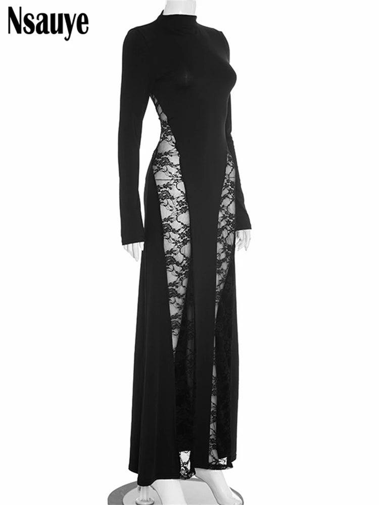 Nsauye Sexy Hollow Out Backless Lace Patchwork Slim Maxi Dresses For Women 2025 Autumn Winter Long Sleeve Long Dress Club Party