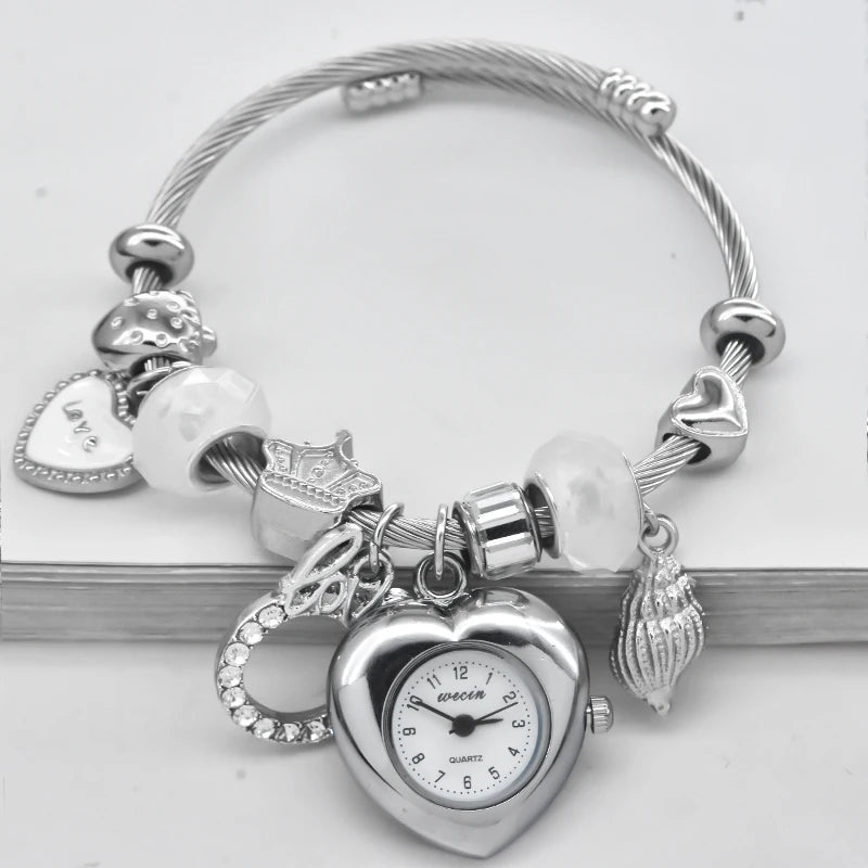 Fashion Women's Bracelet Watch Love with stylish decor refined round quartz watch silvery casual elegance