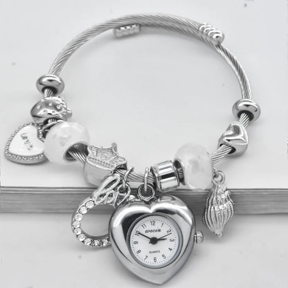 Fashion Women's Bracelet Watch Love with stylish decor refined round quartz watch silvery casual elegance