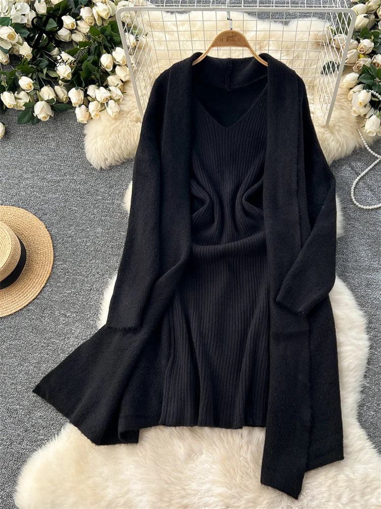 SINGREINY Autumn Knitted Two Pieces Sets Ladies Loose Knitting Cardigan+Spaghetti Strap Bodycon Dress Basic Solid Winter Suits Badiee Stylez