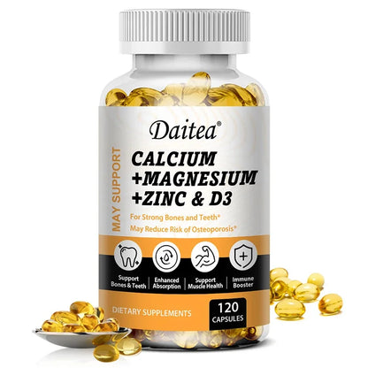 Daitea Calcium Magnesium Zinc Capsules Vitamin D3 helps support bones, teeth, heart, and enhance immune system function. 120 count-1bottle