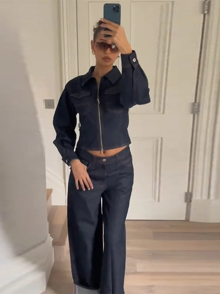 Lapel Zipper Denim Jackets Pants Sets Women Casual Pockets Short Jackets Suit With High Waist Jeans Lady Chic High Street Outfit