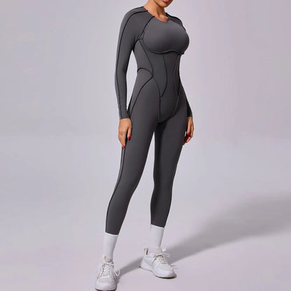 New Autumn/Winter Women's One-piece Yoga Jumpsuit leggings Long-sleeved Sexy Backless Slim Fit Sports Outfit Dark Grey