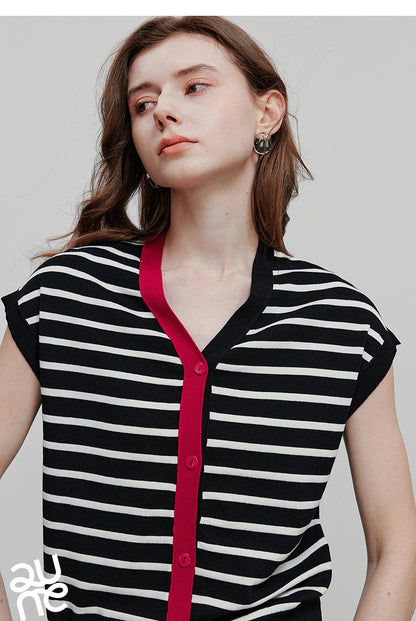 TOYOUTH Women Knitwear 2025 Summer New Short Sleeve Striped Contrast Color Pullover Tops 8523018