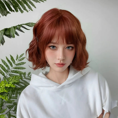Allbell Magique Short Wavy Wig Bob Curly Wig With Bangs Dirty Orange Lolita Wigs Natural Synthetic Wig For Woman Heat Resistant