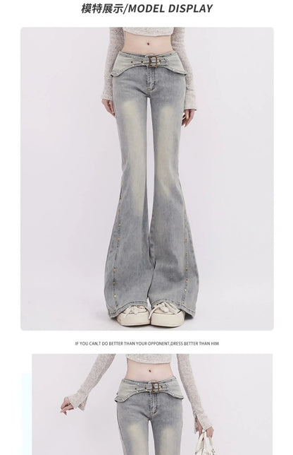 Korean Light Blue Flare Jeans Women Y2k Low Rise Vintage Denim Trousers Fashion Skinny Classic Aesthetic Harajuku Pants
