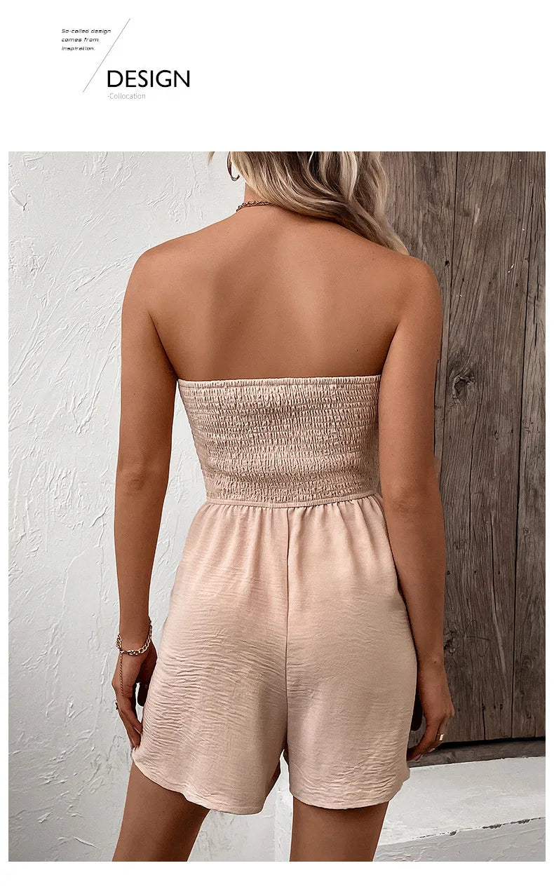 Summer Fashion Splicing Women's Solid Color Sexy Sleeveless Bra Button Tie Waist Casual Comfortable Jumpsuit Shorts 3/4