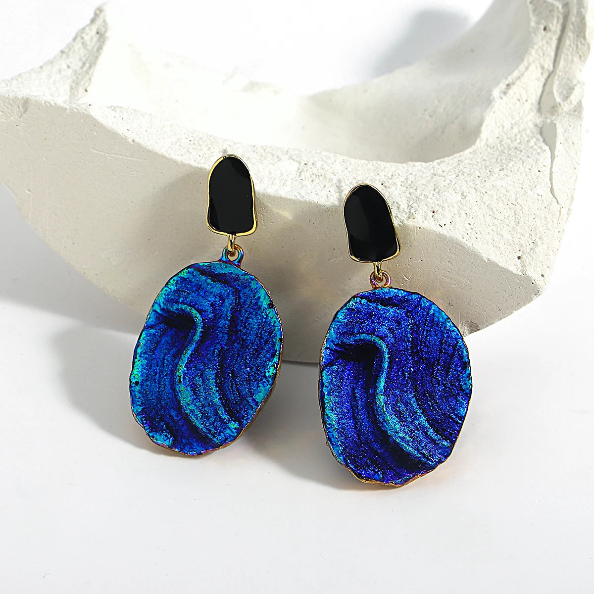 AENSOA Vintage Abstract Simulated Natural Stone Dangle Earrings for Women Van Gogh Painting Star Geometric Volcanic Rock Earring