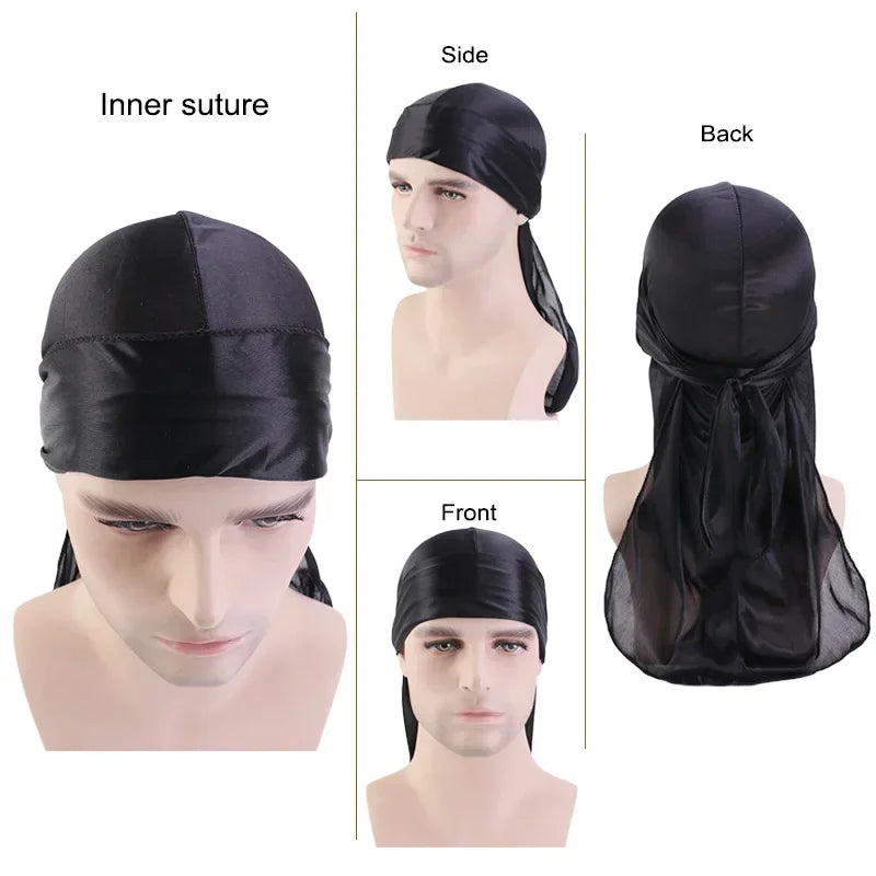 Fashion Long Tail Adult Satin Doo Rag Durag Bandanas Cap Pirate Hat Turban Men Hip Hop Headband Biker Headwrap Women Headwear