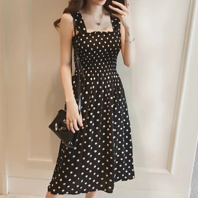 Women Summer Sleeveless Dot Dress Sexy Backless A-Line Spaghetti Strap Beach Style Dresses Camisole Off-Shoulder Folds Vestidos Badiee Stylez