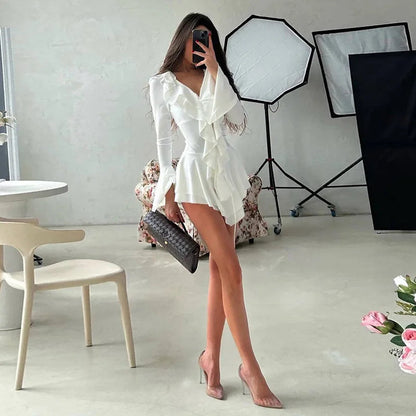 2025 New Autumn Irregular Hem Dress Women Y2K Flare Sleeve V-Neck Bandage Stretch Elegant Birthday Party Chic Hipster Bodycon Badiee Stylez