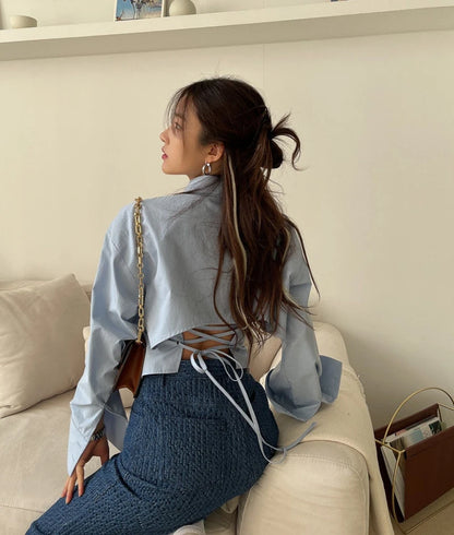 Gidyq Korean Bandage Shirt Women Fashion Backless Sexy Blouse Office Ladies Casual Slim Chic Turn Down Collar Long Sleeve Tops