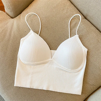 V-Neck Camisole Women Sexy Stretch Push Up Bra with Chest Pads Knitted Crop Top for Female Short Tube Top Tops Bralette Y2k Style1 White One Size