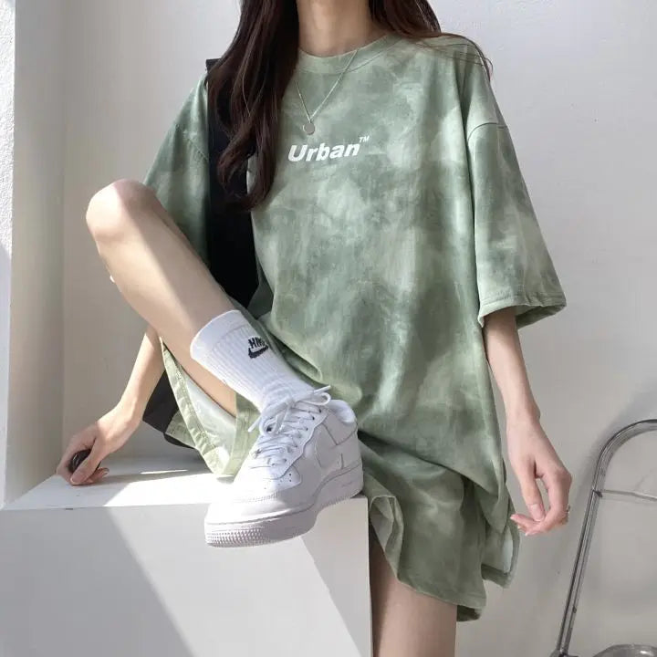 Women Summer 2024 New Fashion Cool Tie Dye Two-Piece Set Leisure And Comfortable Loose Elastic Waist Shorts Set