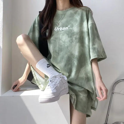 Women Summer 2024 New Fashion Cool Tie Dye Two-Piece Set Leisure And Comfortable Loose Elastic Waist Shorts Set