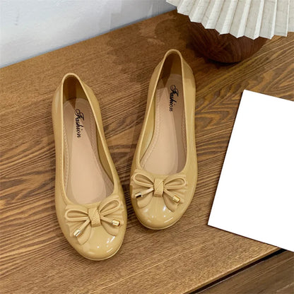 Women's Low cut Ballet Flats Shoes Casual Retro Bow Patent Leather Slip on Flat Round Toe Shallow mouth Loafer Mujer Zapatos Brown