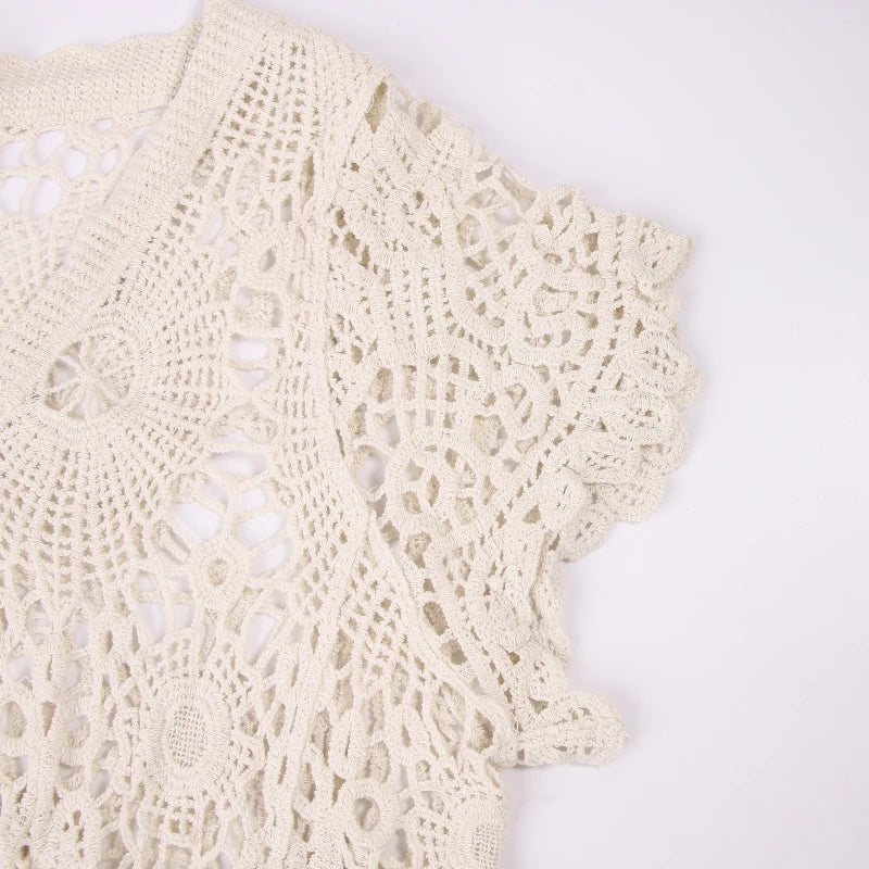 Women French Style Short Sleeve Lace Shrug Hollow Out Crochet Knit Cardigan V-Neck Button Down Sheer Crop for Jac